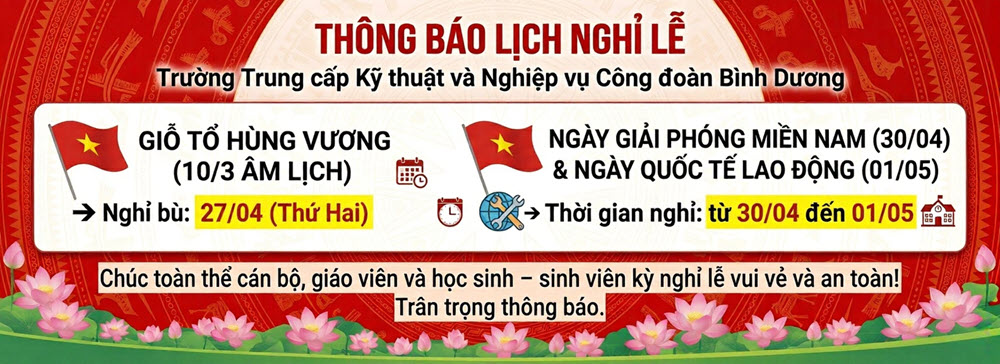<p>Thông báo nghỉ lễ Giổ tổ Hùng Vương 10.3 AL, 30.4, 1.5.2026</p>